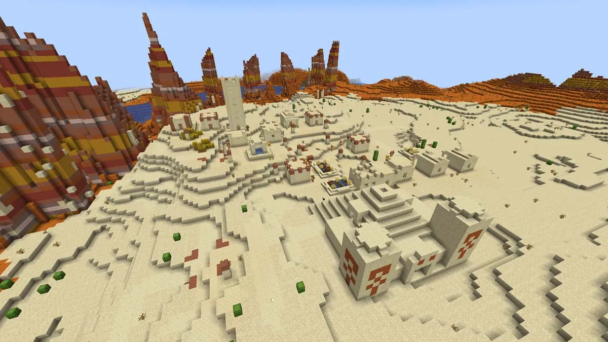 Minecraft village with a desert temple