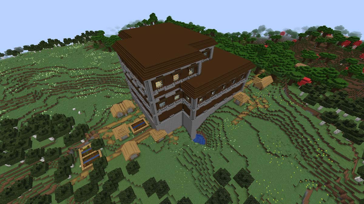 Minecraft village with a woodland mansion