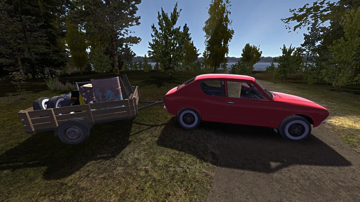 Trailer full of stuff on back of car in My Summer Car