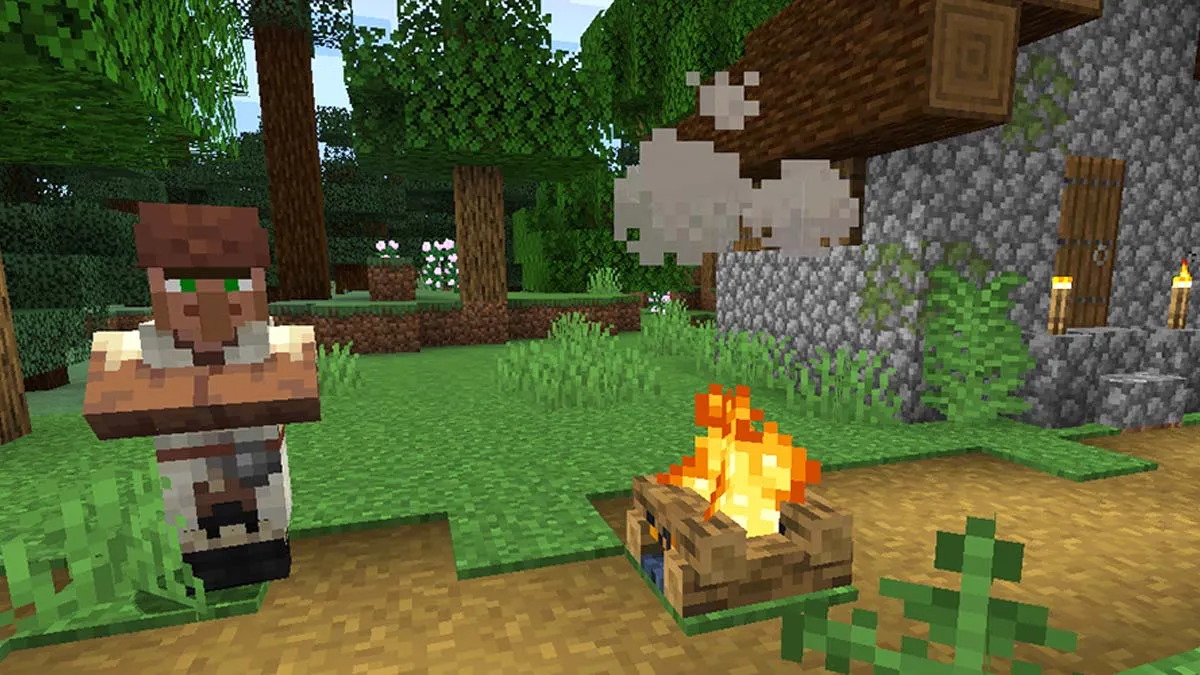 A villager stands next to a hut in Minecraft