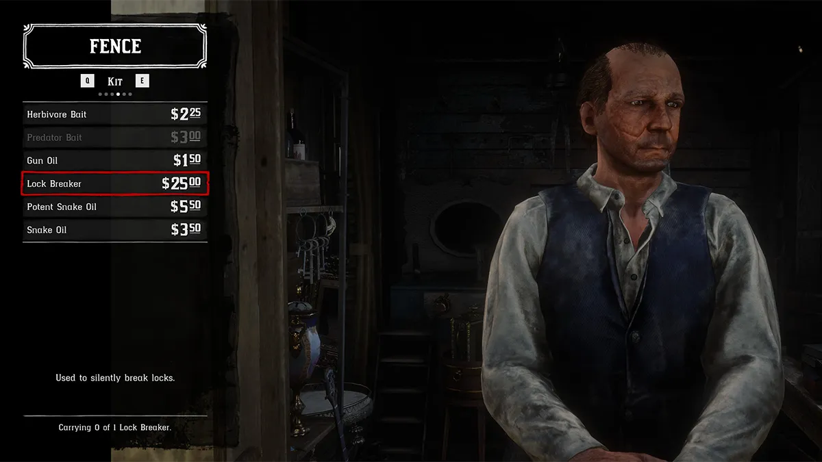 A fence merchant selling the Lock Breaker in Red Dead Redemption 2