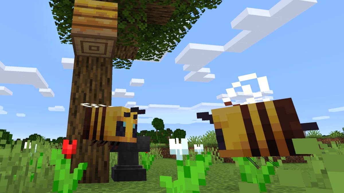 Bees flying around a tree in Minecraft