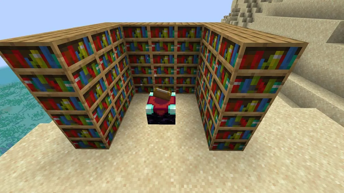 Enchanting table surrounded by bookshelves in Minecraft