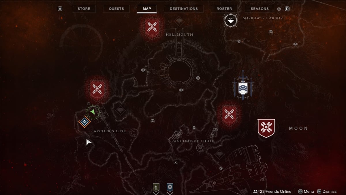 The map showing the Archer's Line Trove Guardian on the Moon