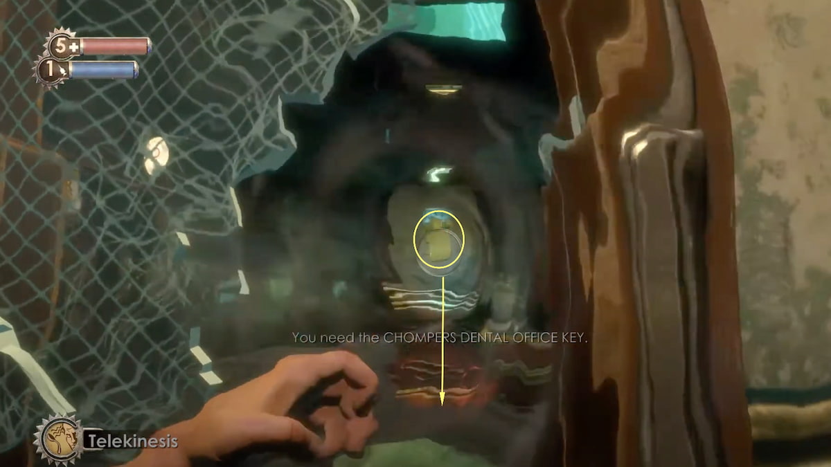 Pulling chompers dental office key with telekinesis in bioshock