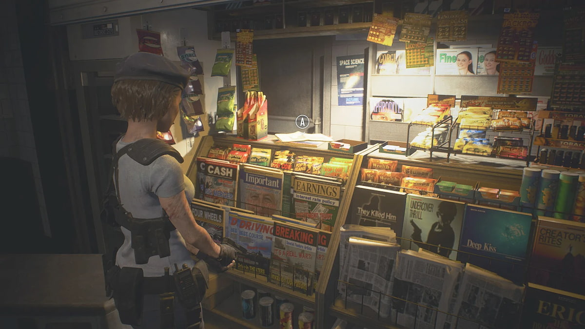 Resident Evil 3 file tabloid front page in newspaper stand in subway