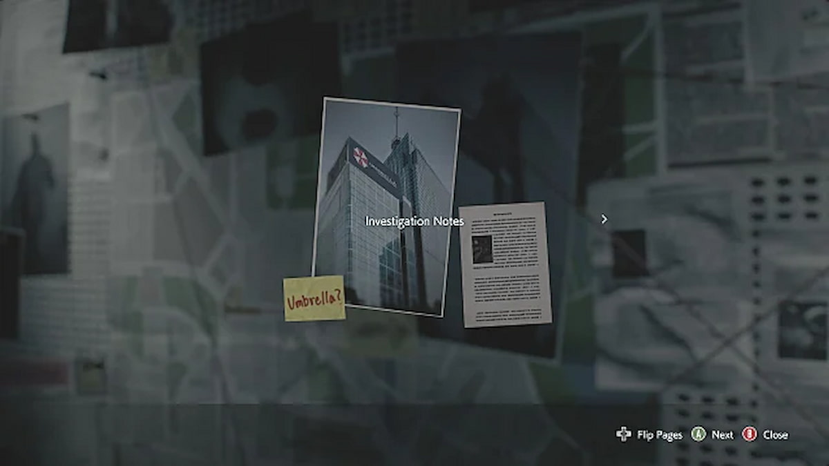 Resident Evil 3 files investigation notes on Jill's pinboard in her apartment