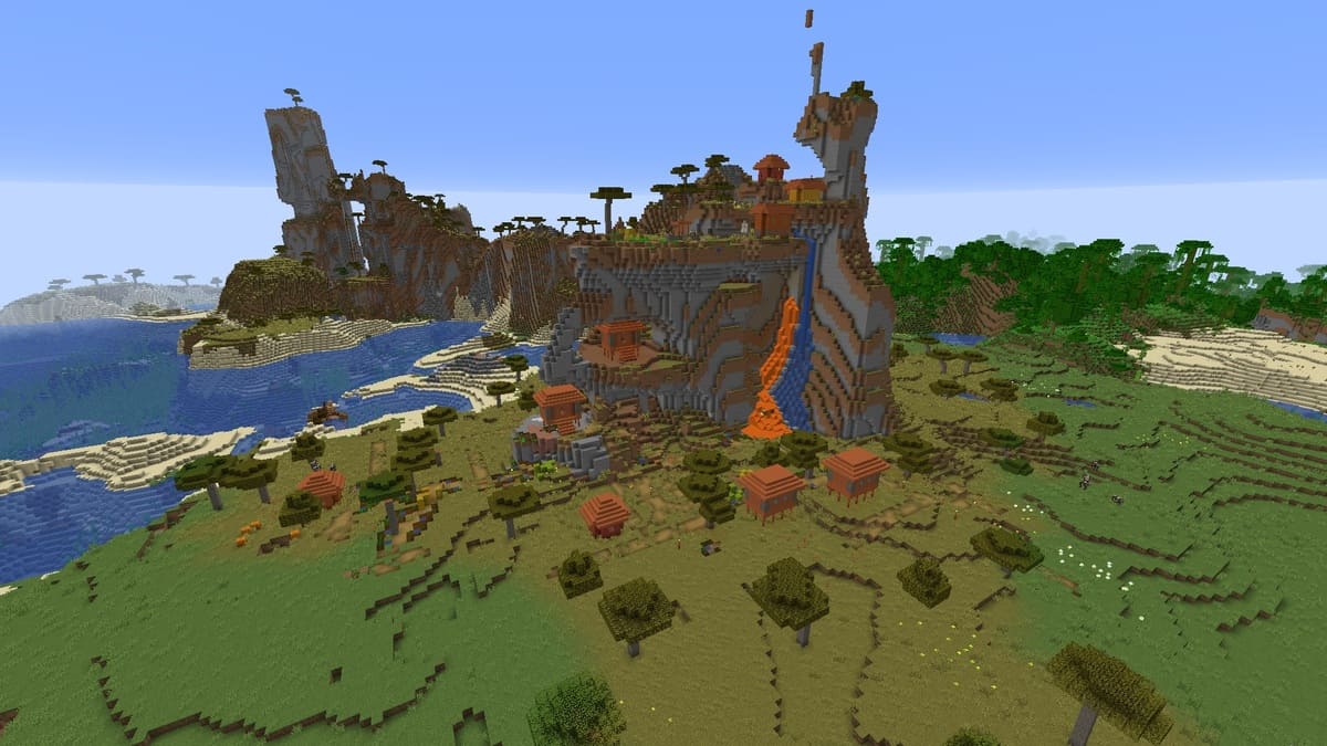 Lavafall and acacia village in Minecraft