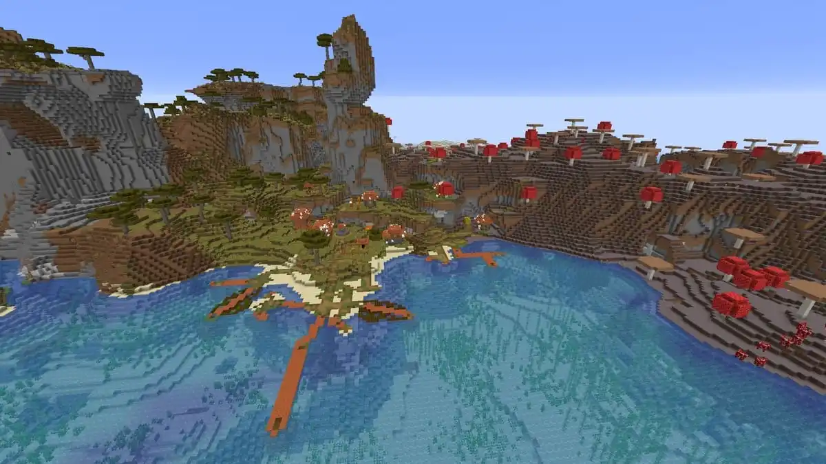 Mushroom island and zombie village in Minecraft