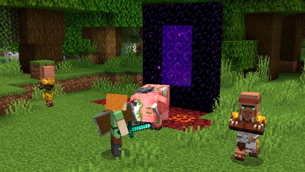 Mobs rushing out of the nether portal in Minecraft.