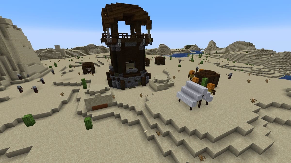 Pillager outpost on desert temple in Minecraft