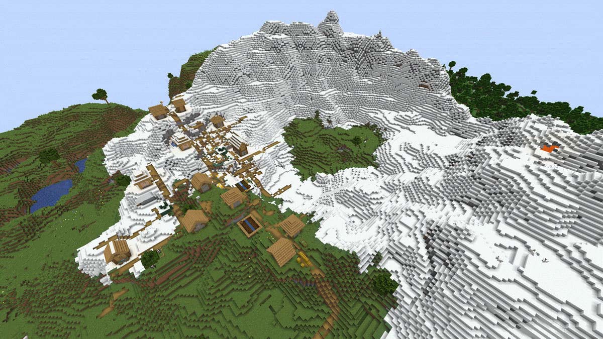 Snowy slopes and village in Minecraft