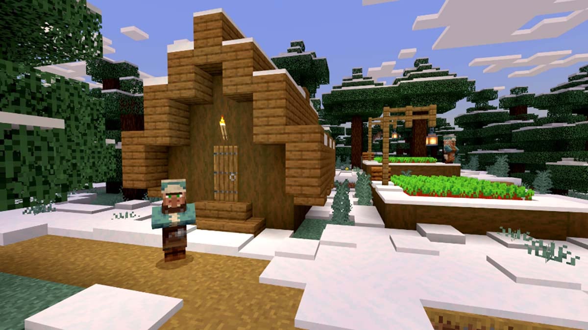 Villager stands in fron of the house in Minecraft