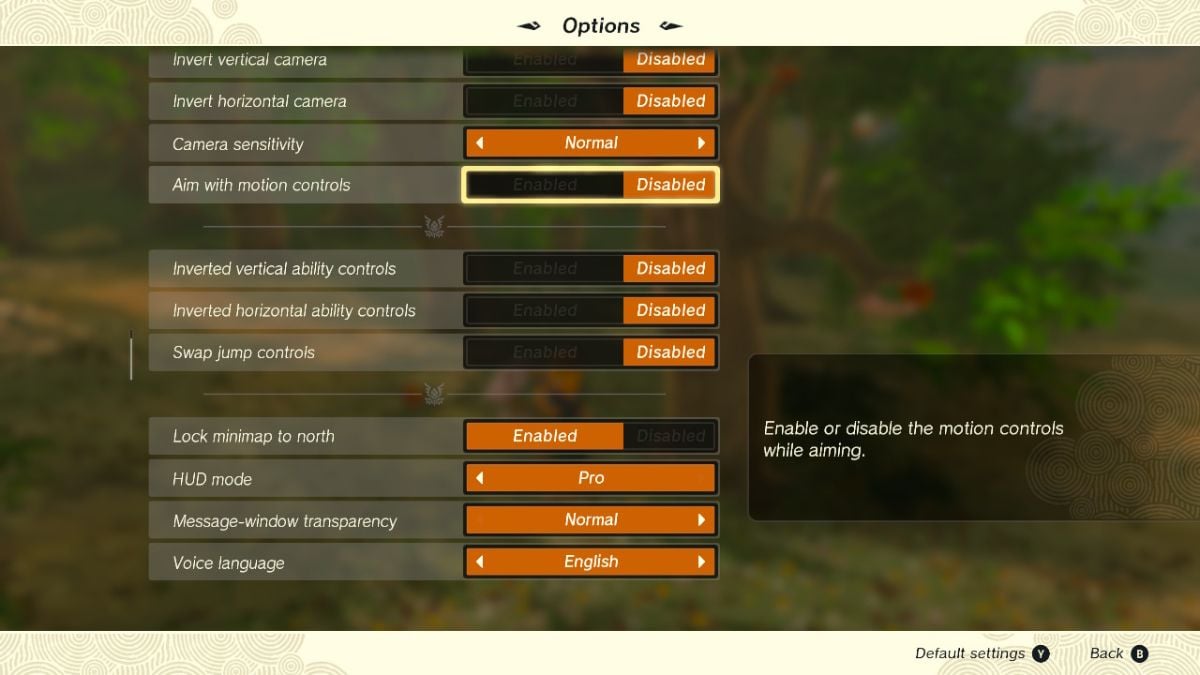 Zelda Tears of the Kingdom disable motion controls setting option menu