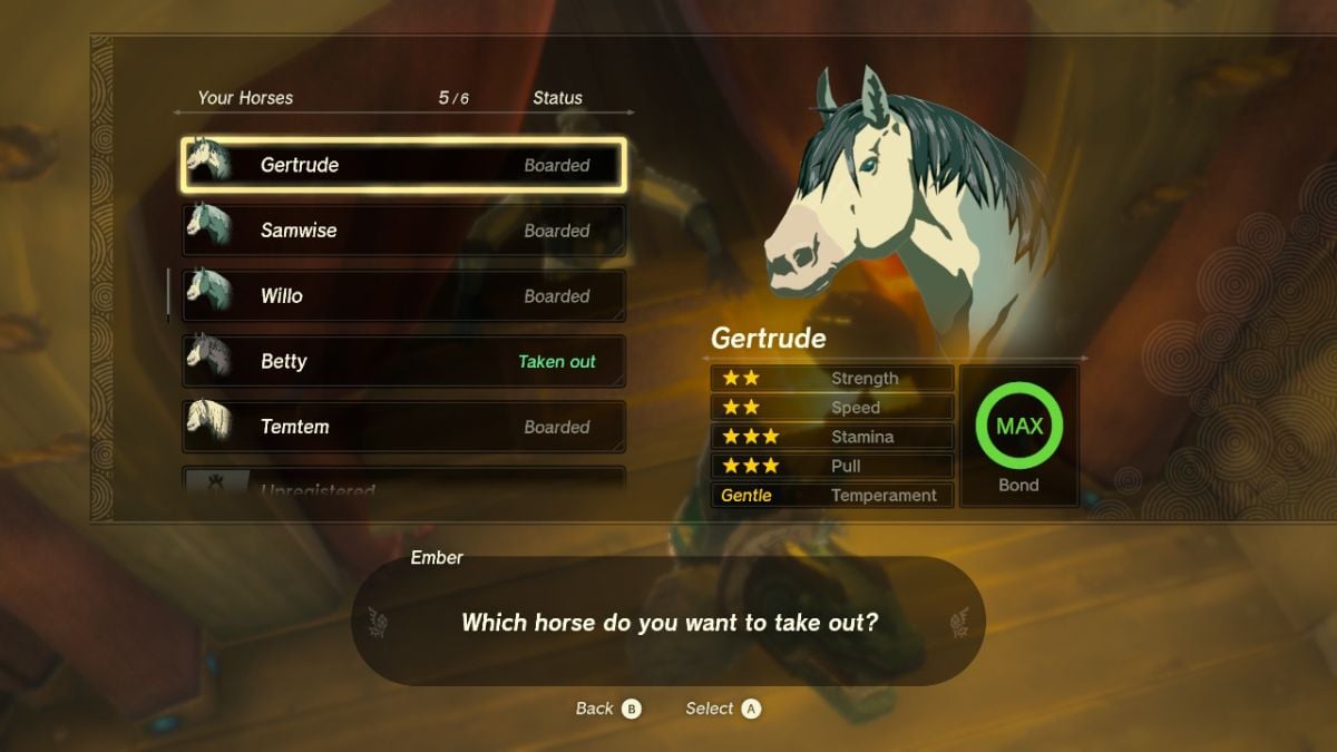 Zelda Tears of the Kingdom Horse stable menu