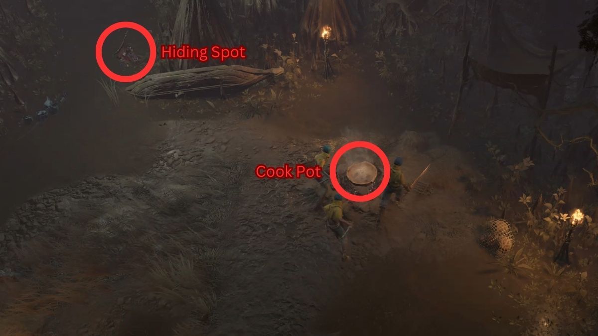 Diablo 4 Bad Blood quest the Rustwash camp site hiding spot and cook po