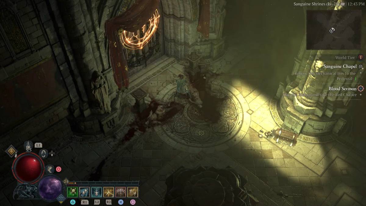 Diablo 4 Blood Sermon side quest Sanguine Chapel mechanical box pedestals door