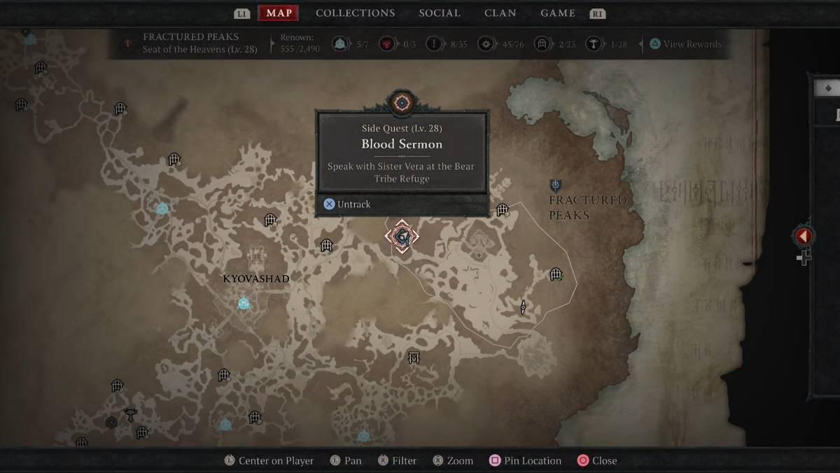 Diablo 4 Blood Sermon side quest Sister Vera final map location at the Bear Tribe Refuge