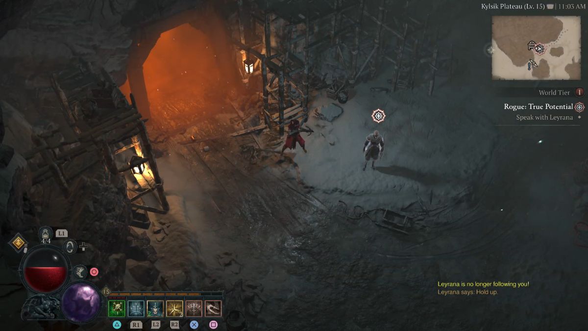 Diablo 4 Rogue True Potential Forsaken Quarry dungeon entrance with Leyrana