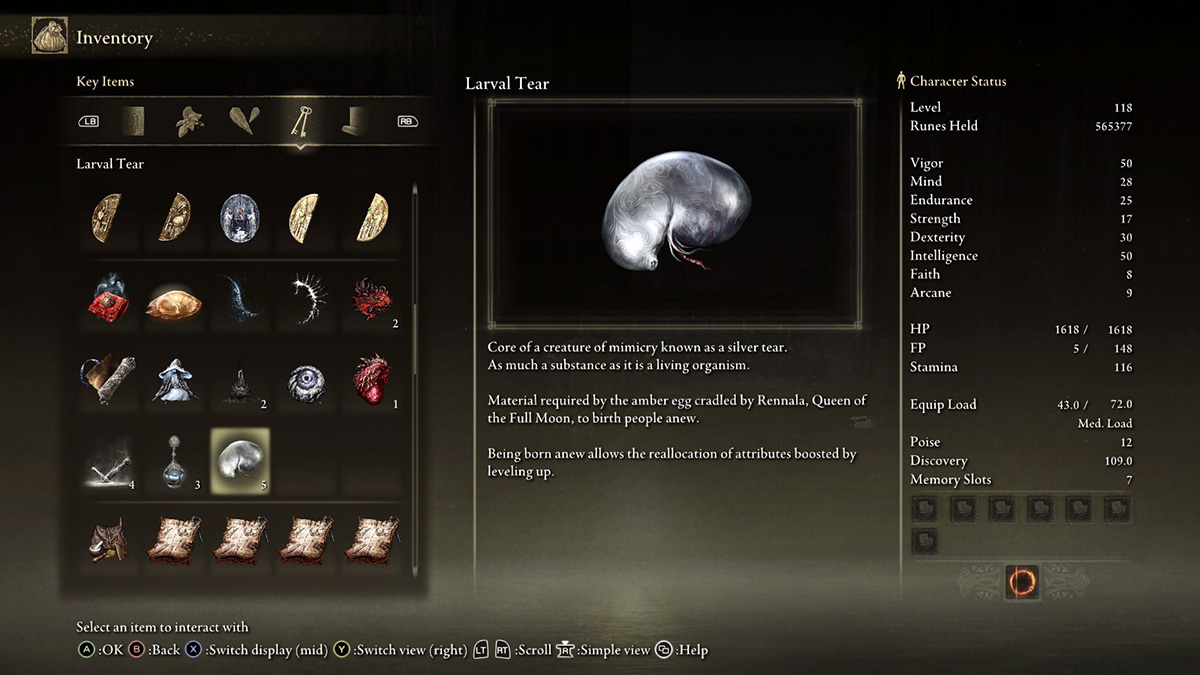 The Larval Tear item description screen in Elden Ring