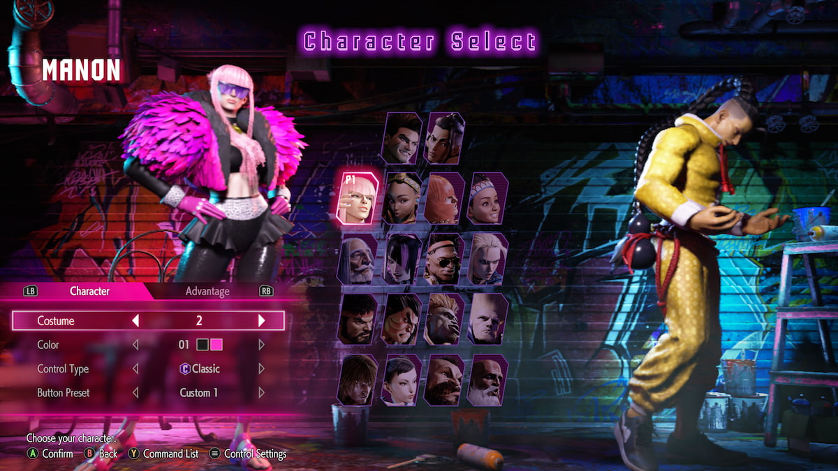 A screenshot of the character select screen with Manon wearing her second costume and Jamie wearing his default.