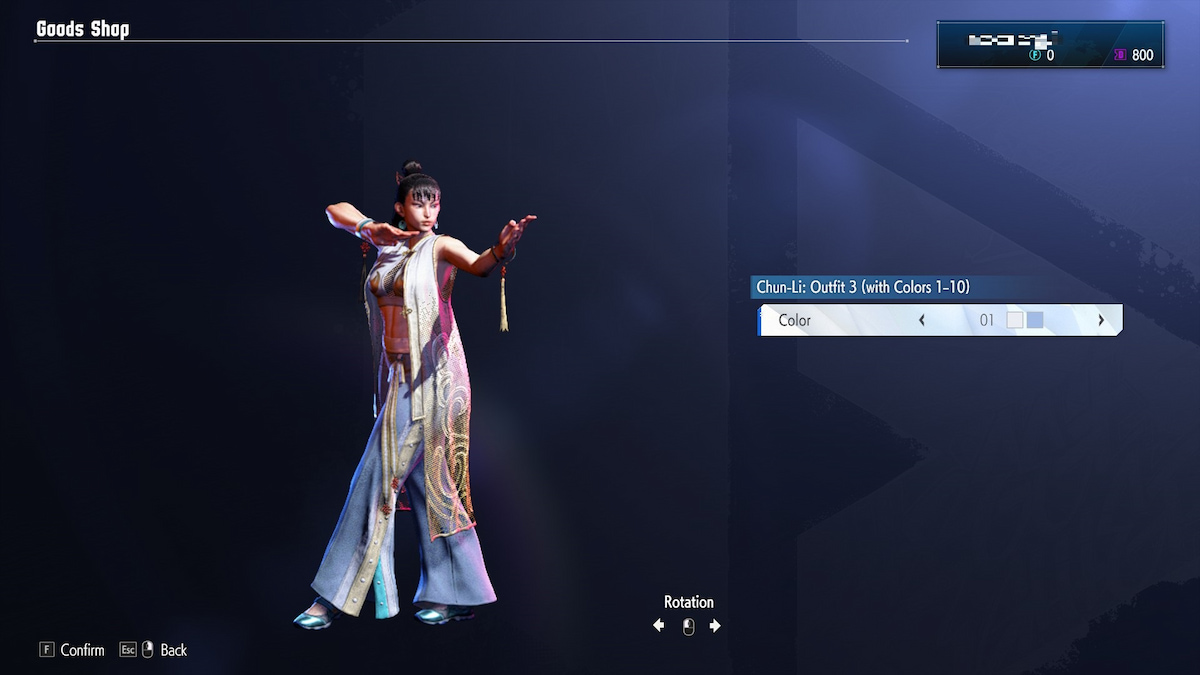 Chun-Li's Outfit 3 being previewed through the 3D Model Viewer in the in-game Goods Shop.