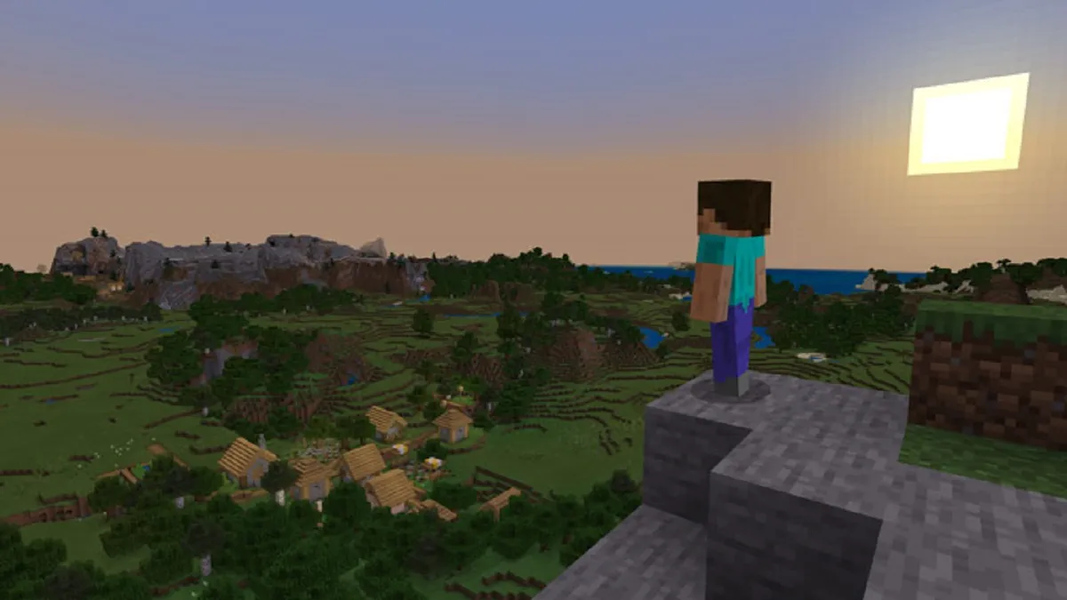 Steve looking over a village at sunset in Minecraft