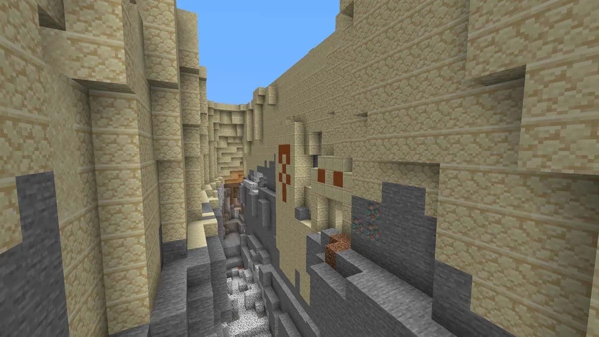 Desert temple inside a ravine in Minecraft