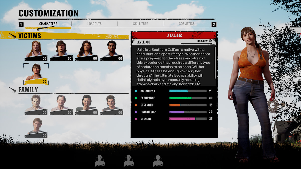 Julie in the Texas Chain Saw Massacre Customization screen