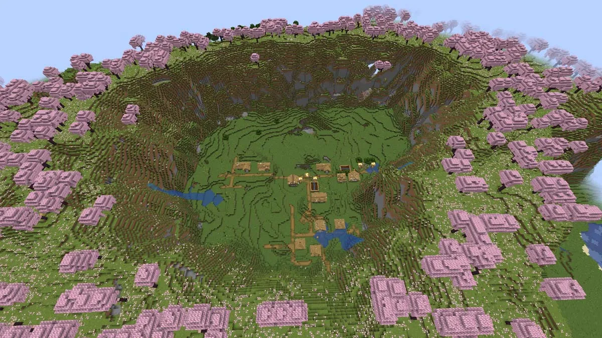 Cherry grove and village in Minecraft