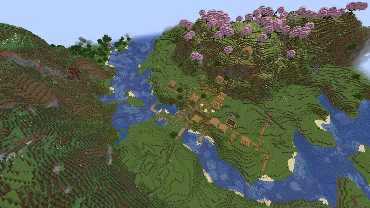 Cherry grove and village in Minecraft