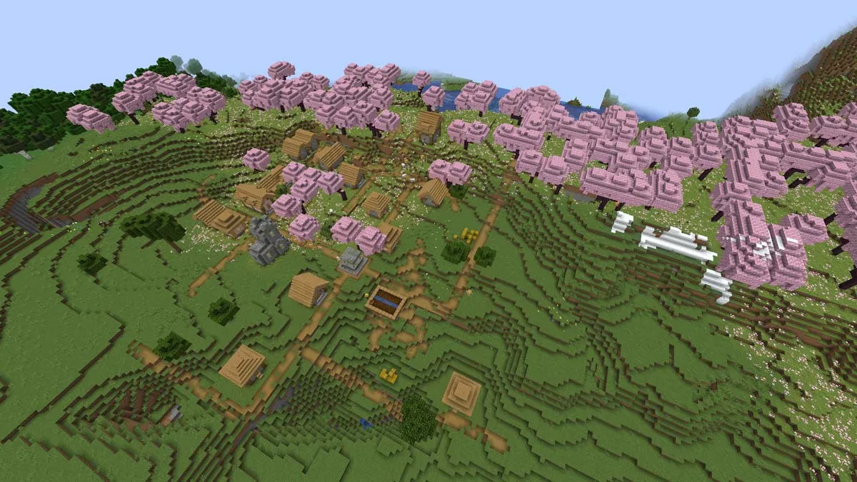 Cherry grove and village in Minecraft