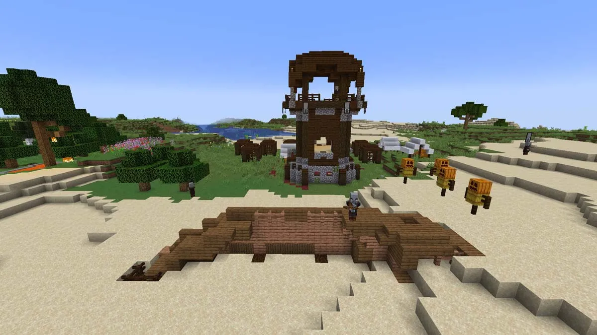 Pillager outpost and shipwreck in Minecraft