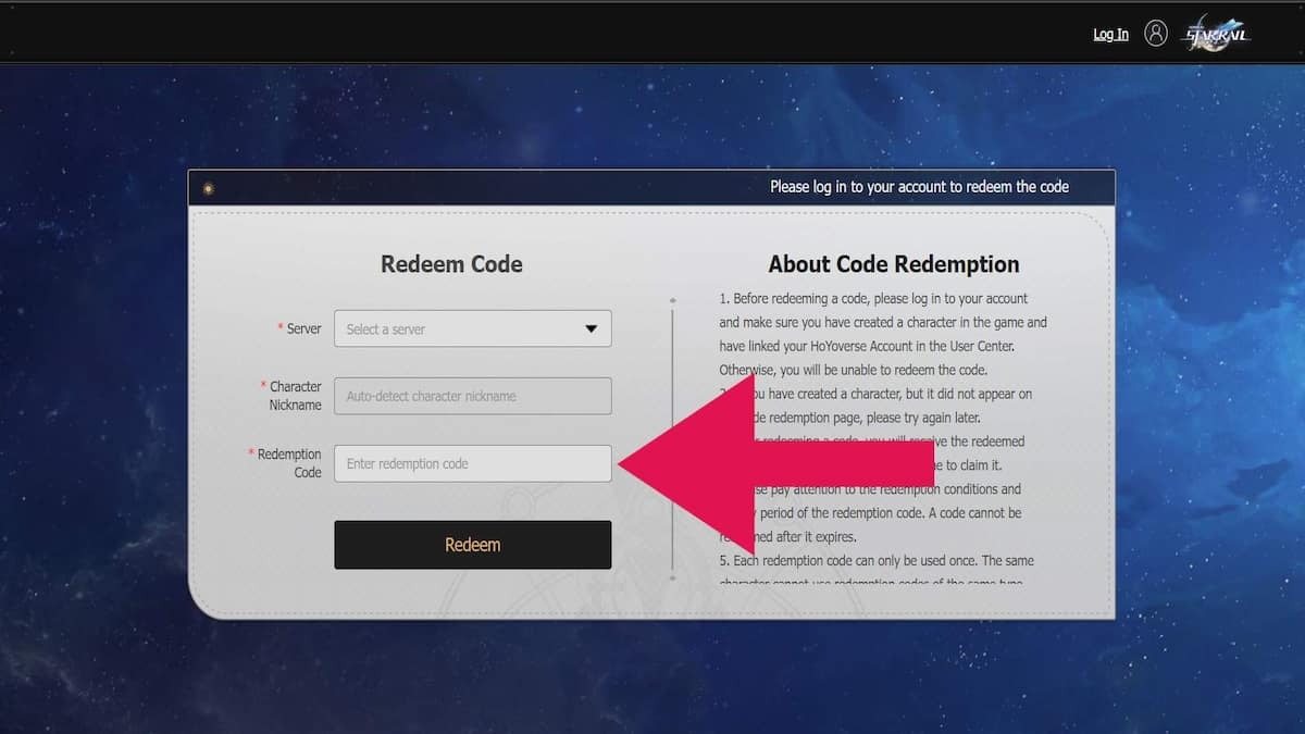 How to redeem codes on the website for Honkai: Star Rail