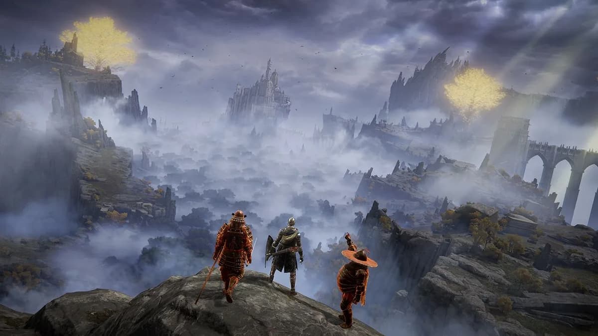 Three specters looking out over the Lands Between in Elden Ring.