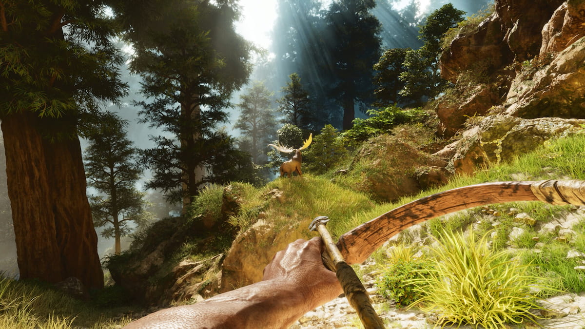 On a cliffside, a player is readying a bow to use on a Megaloceros.