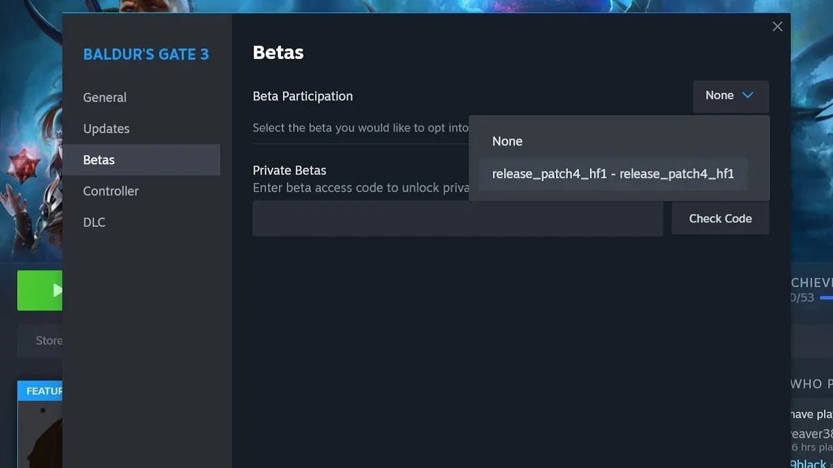 Baldur's Gate 3 beta opt-in menu on Steam.