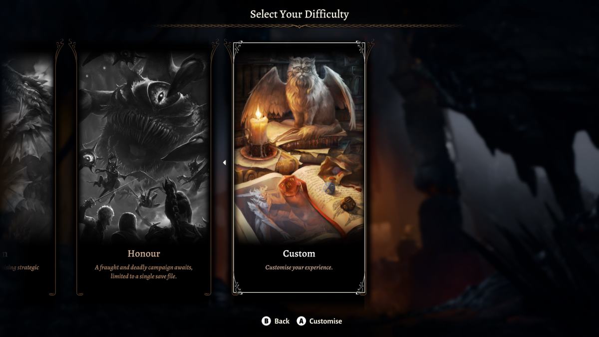 Baldur's Gate 3 difficulty selection screen with cards.