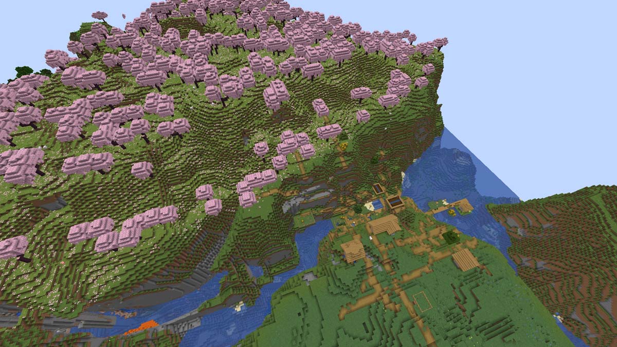 Cliffside cherry grove village in Minecraft