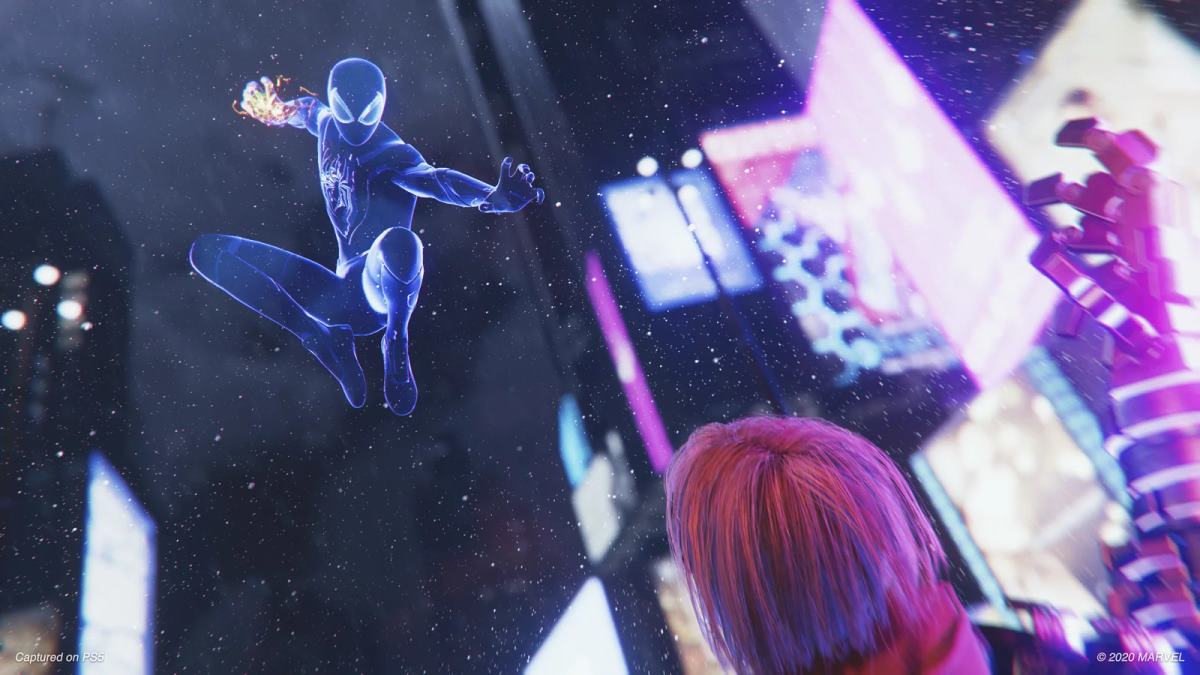 Miles Morales Spider-Man jumping down on enemy in Times Square.