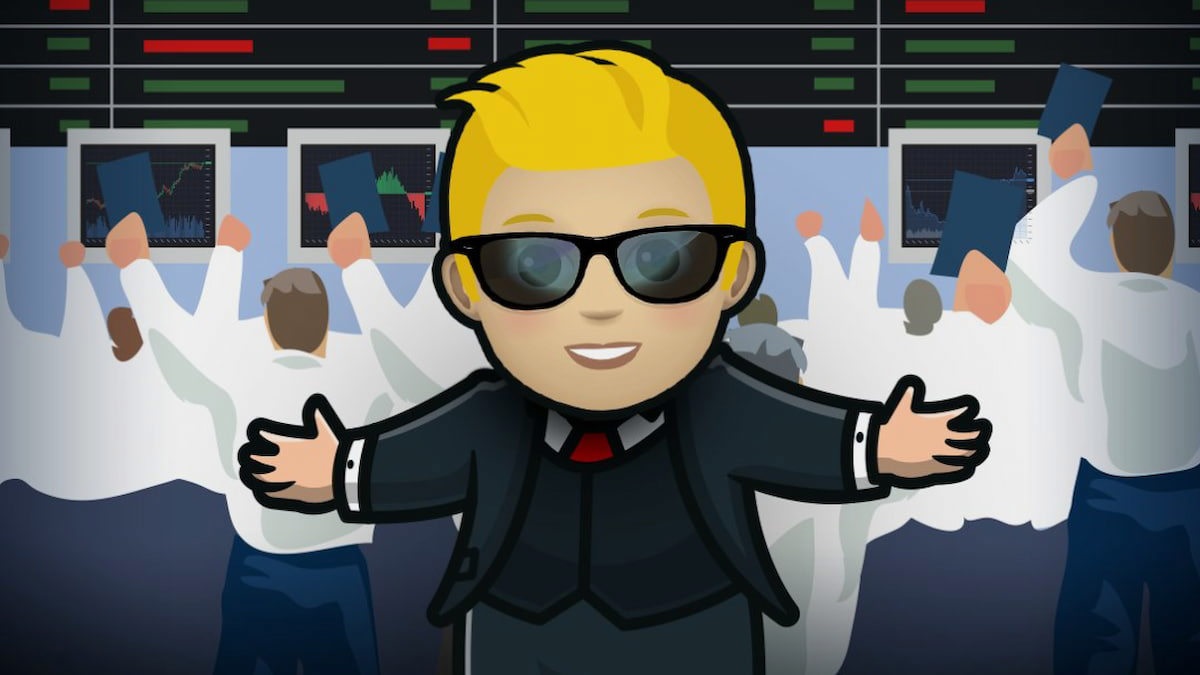 Broker at Wall Street with sunglasses and blond hair.