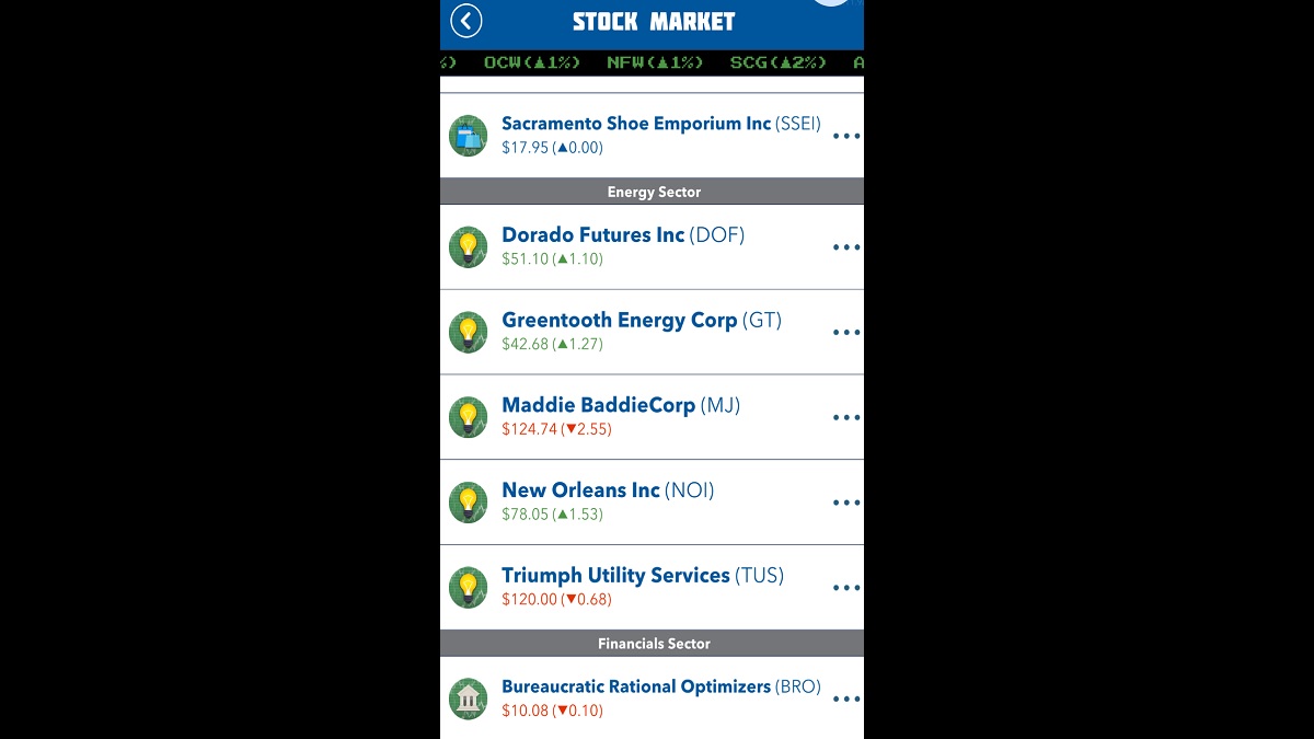 BitLife in-game stock list with horizontal, stacked entries.