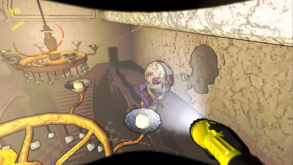 Player holding a yellow flashlight toward a skull in a brightly lit room.