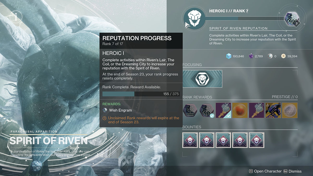 Riven Season of the Wish reputatin screen and rewards.