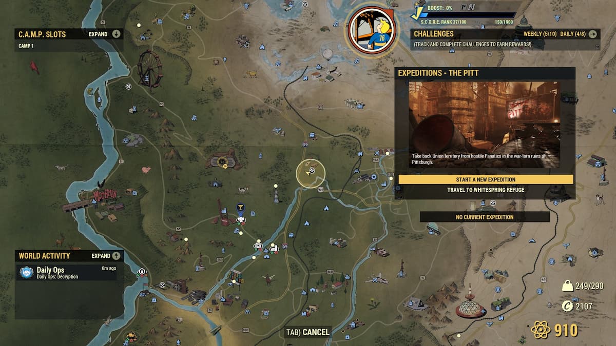 Map with Expeditions menu open