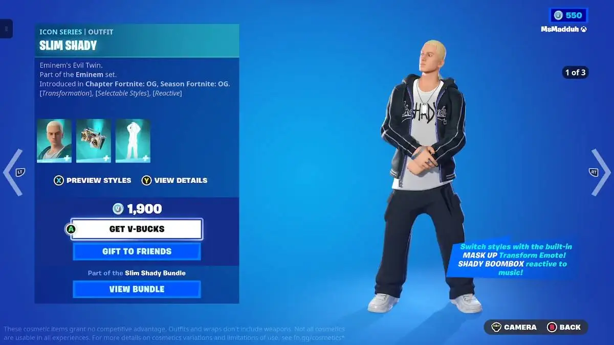 Fortnite eminem crossover event slim shady cosmetic detail view.