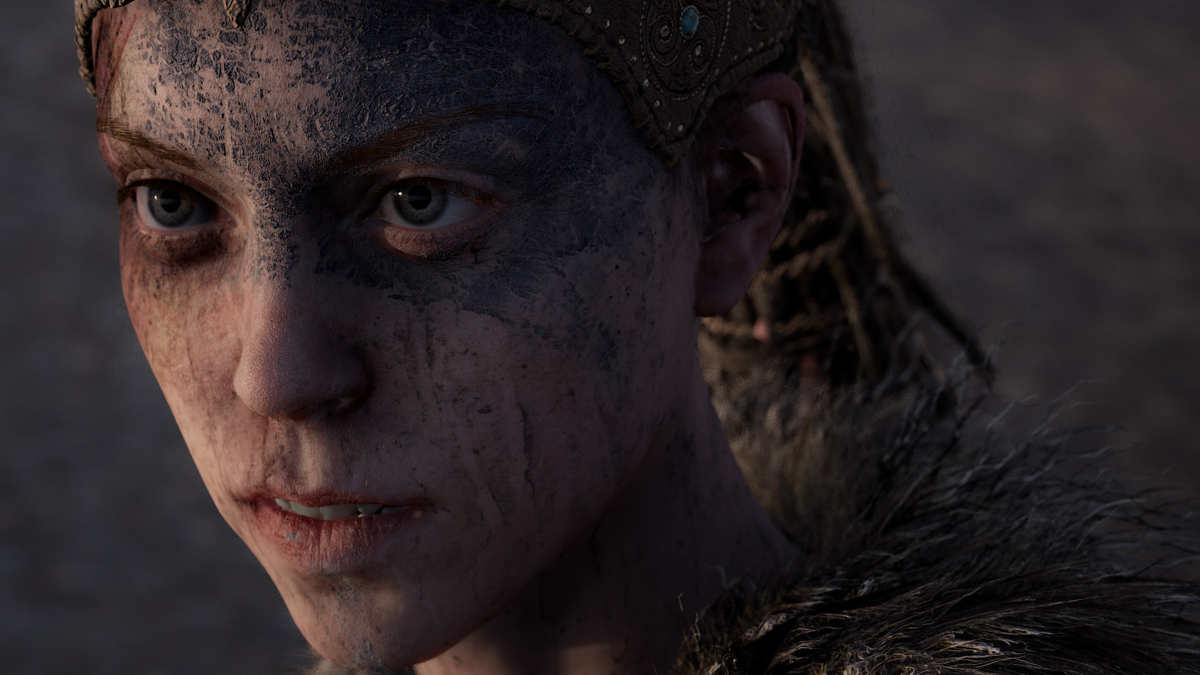 A close-up of Senua from Senua's Sage: Hellblade 2