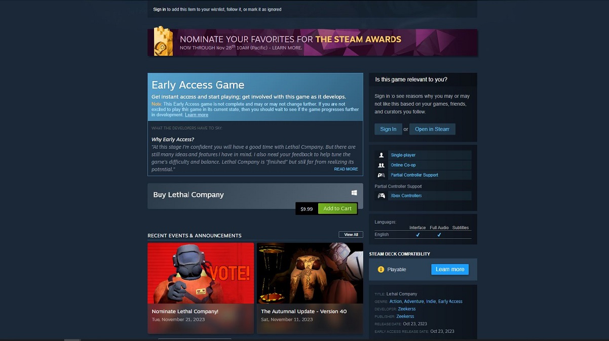 The Lethal Company Steam page showing no official VR compatibility.