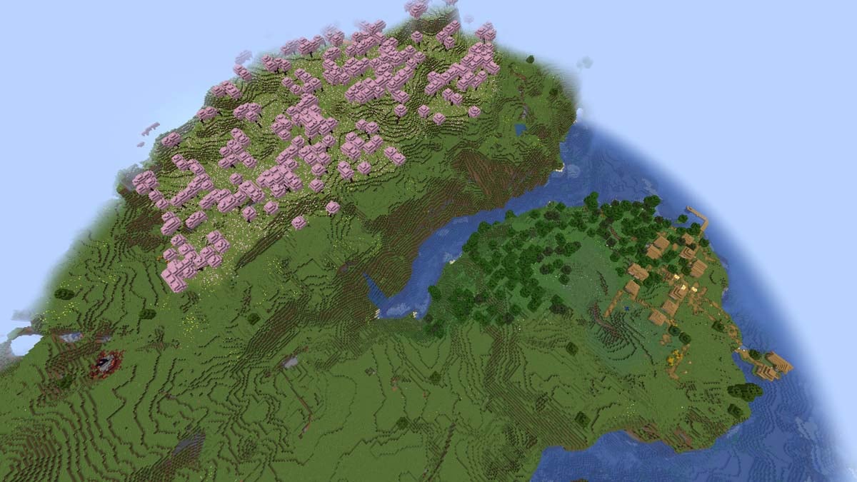 Cherry grove and village in Minecraft