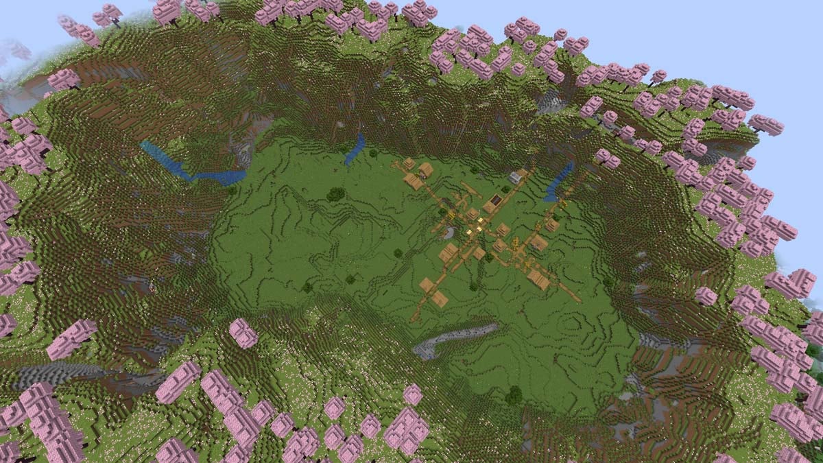 Cherry grove and village in Minecraft